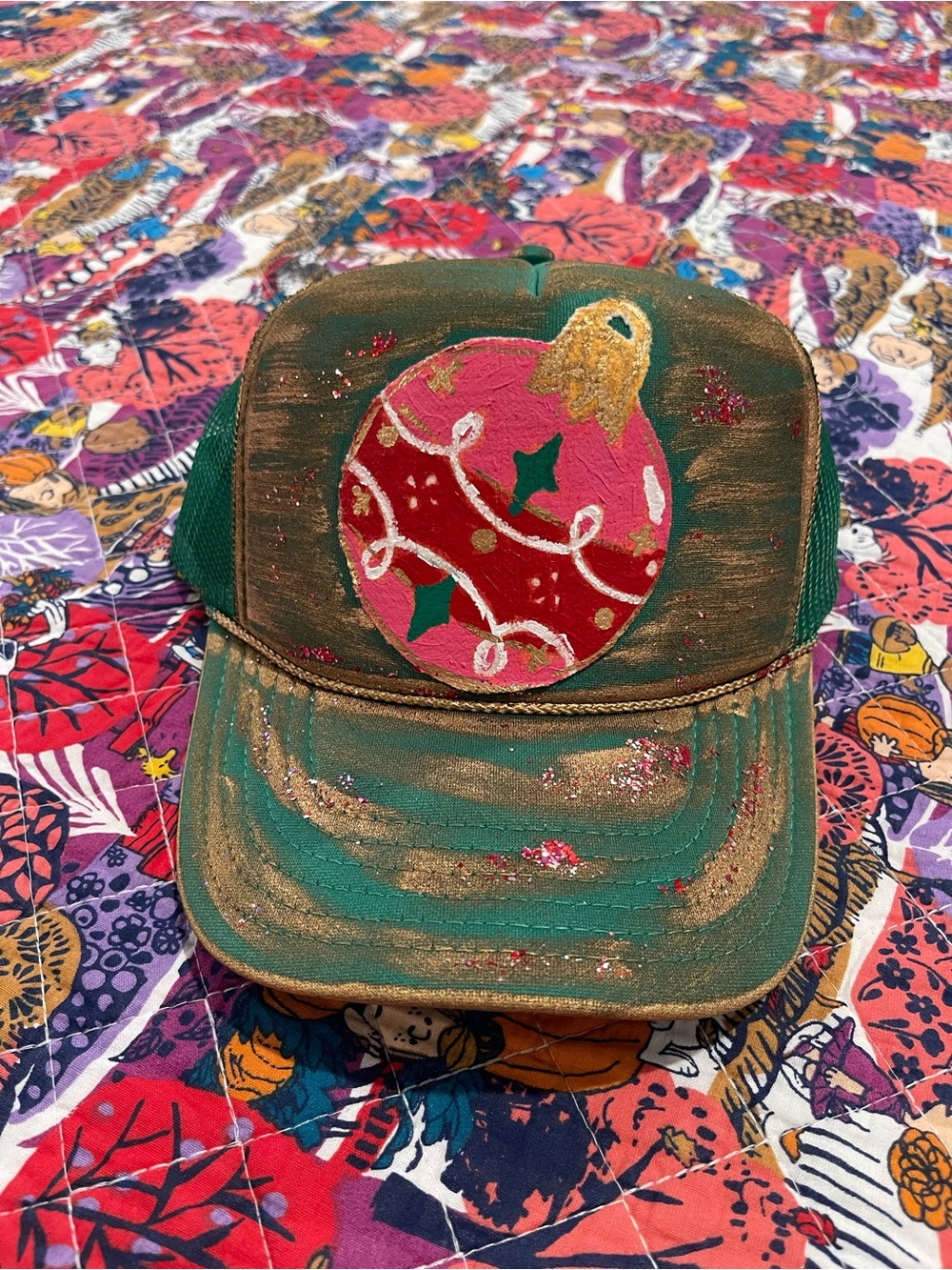Judith March Hand-Painted Green Holiday Ornament Trucker Hat